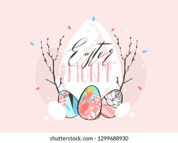 Hand drawn vector abstract graphic rustic textured collage Happy Easter cute greeting card template Easter eggs and Easter Hunt freehand calligraphy text isolated on pink pastel background