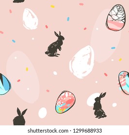 Hand drawn vector abstract graphic rustic textured collage Happy Easter cute greeting seamless pattern with cute bunny sketch and Easter eggs illustration isolated on pink pastel background