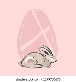 Hand drawn vector abstract graphic rustic textured collage Happy Easter cute greeting card template and cute bunny sketch illustration isolated on pink pastel background