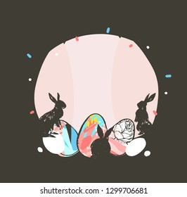 Hand drawn vector abstract graphic rustic textured collage Happy Easter cute greeting card template and cute bunny sketch and Easter eggs illustration isolated on black background