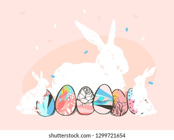 Hand drawn vector abstract graphic rustic textured collage Happy Easter cute greeting card template and cute bunny sketch and Easter eggs illustration isolated on pink pastel background