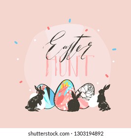Hand drawn vector abstract graphic rustic textured collage Happy Easter cute greeting card template and bunny sketch,Easter eggs illustration and Easter Hunt calligraphy isolated on pastel background