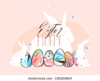Hand drawn vector abstract graphic rustic textured collage Happy Easter cute greeting card template and bunny sketch,Easter eggs illustration and Easter Hunt calligraphy isolated on pastel background