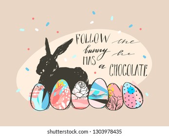 Hand drawn vector abstract graphic rustic textured collage Happy Easter cute greeting card template and cute bunny sketch illustration and Easter text calligraphy isolated on pastel background