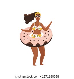 Hand drawn vector abstract graphic cartoon summer time flat illustrations with relaxing girl on white background.