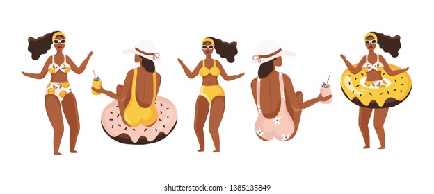 Hand drawn vector abstract graphic cartoon summer time flat illustrations with relaxing girls on white background.