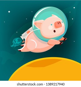 Hand drawn vector abstract graphic creative cartoon illustrations with cosmonaut pig.