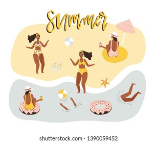 Hand drawn vector abstract graphic cartoon summer time flat illustrations with relaxing girls on map of town. Creator invitation template. Vector illustration.