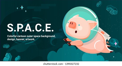Hand drawn vector abstract graphic creative cartoon illustrations with cosmonaut pig that went out to explore the planets in the solar system. 