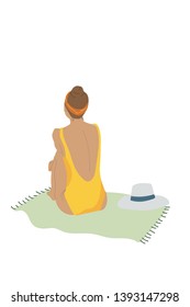 Hand drawn vector abstract graphic cartoon summer time flat illustrations with relaxing girl on white background.