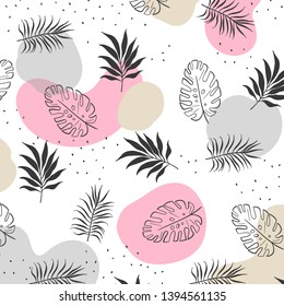 Hand drawn vector abstract graphic  textured modern memphis style simple Tropical leaves  pattern  on white background. 