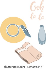 Hand drawn vector abstract graphic cartoon summer time flat illustrations with relaxing elements on white background. Hat, mat, bottle.