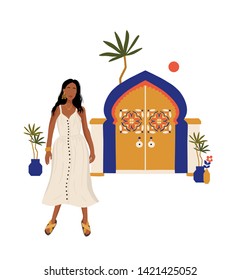 Hand drawn vector abstract graphic cartoon summer time flat illustrations with girl in Morocco on bright background.