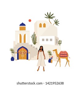 Hand drawn vector abstract graphic cartoon summer time flat illustrations with camel, girl in Morocco on old street. Bright background.