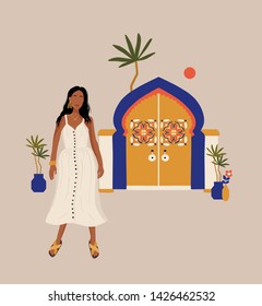 Hand drawn vector abstract graphic cartoon summer time flat illustrations with girl in Morocco on bright background.