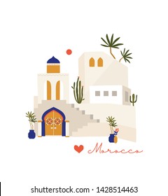 Hand drawn vector abstract graphic cartoon summer time flat illustrations with plant, house in Morocco on old street. Bright background.