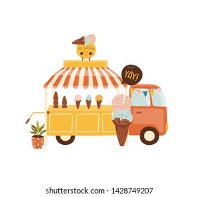 Hand drawn vector abstract graphic cartoon summer time flat illustrations with ice cream bus. Bright background. Shop and cafe style.