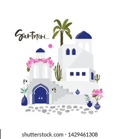 Hand drawn vector abstract graphic cartoon summer time flat illustrations with white traditional Santorini houses and church. Greece old street. Bright background.