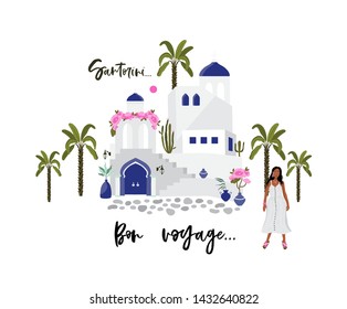 Hand drawn vector abstract graphic cartoon summer time flat illustrations with white traditional Santorini houses and church. Greece old street. Bright background.