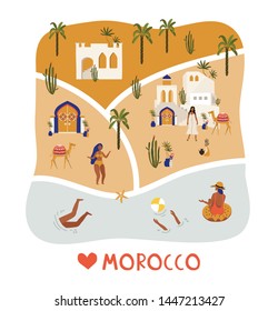 Hand drawn vector abstract graphic cartoon summer time flat illustrations with relaxing girls on map of Morocco. Creator invitation template. Vector illustration.