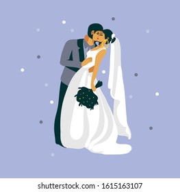 Hand drawn vector abstract graphic illustration with beautiful wedding kissing couple characters isolatedon purple background