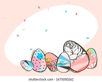 Hand drawn vector abstract graphic rustic textured collage Easter greeting card template and Easter eggs illustration isolated on pastel background