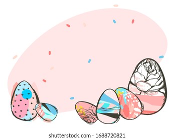 Hand drawn vector abstract graphic rustic textured collage Happy Easter cute greeting card template and Easter eggs with Copy space place isolated on pastel background