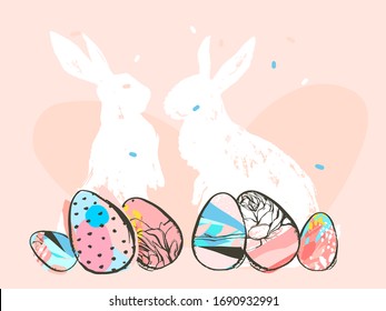 Hand drawn vector abstract graphic rustic textured collage Happy Easter cute greeting card template and bunny sketch,Easter eggs illustration isolated on pastel background