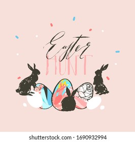 Hand drawn vector abstract graphic rustic textured collage Happy Easter cute greeting card template and Easter eggs illustration with handwritten calligraphy isolated on pastel background