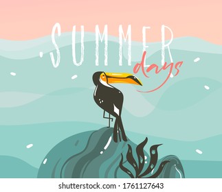 Hand drawn vector abstract graphic illustration with a tropical exotic toucan bird and typography Summer days text isolated on ocean wave landscape background