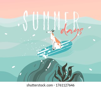 Hand drawn vector abstract graphic illustration with a surfing dog and typography Summer days text isolated on ocean wave landscape background