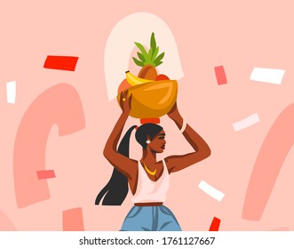 Hand drawn vector abstract  graphic illustration with young happy black afro american beauty female, carries a basket of fruit on her head isolated on color collage background