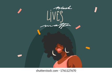 Hand drawn vector abstract graphic illustration with young black afro american beauty female and Black lives matter lettering isolated on color collage shape background