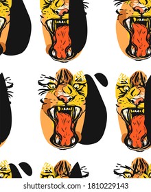 Hand drawn vector abstract graphic stock flat sketch ink illustration seamless pattern drawing of tigers faces ,in orange colors isolated on white background