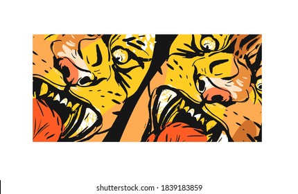 Hand drawn vector abstract graphic sketch ink drawing of tigers faces ,in orange colors isolated on white background.