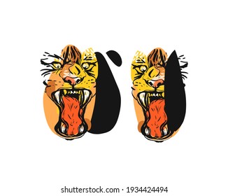 Hand drawn vector abstract graphic stock flat sketch ink illustration print collage drawing of tigers faces ,in orange colors isolated on white background