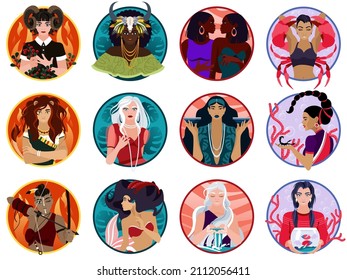 Hand drawn vector abstract graphic icons. Set of symbols of zodiac astrological modern signs, beauty magic female characters. Astrology card design.