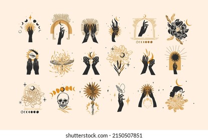Hand drawn vector abstract graphic illustration with logo elements collection bundle set,magic line art of crescent,moon and human hands black silhouettes,isolated,Minimalist feminine astrology.