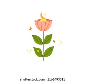 Hand drawn vector abstract graphic illustration with clip art illustration of green ornamental leaves flower,moon and stars in simple style for branding isolated.Modern cartoon magic nature design.