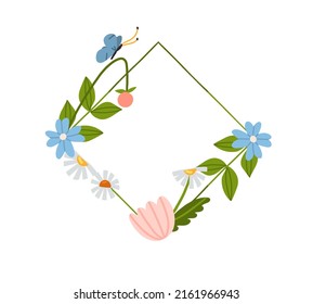 Hand drawn vector abstract graphic illustration with clip art illustration of green ornamental leaves frame with flowers,berries, daisies and butterflies in simple style.Modern magic nature design.