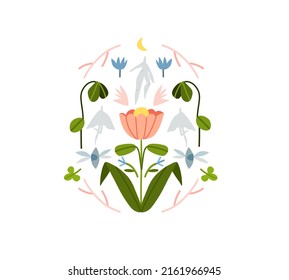 Hand drawn vector abstract graphic with clip art illustration of symmetrical composition ornament with abstract boho nature shapes of blossom flowers,leaves and fairy.Modern magic nature design.