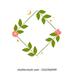 Hand drawn vector abstract graphic illustration with clip art illustration of green ornament leaves frame with flowers,moon and stars in simple style for branding isolated.Modern magic nature design.