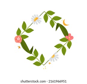 Hand drawn vector abstract graphic illustration with clip art illustration of green ornament leaves frame with flowers,moon and stars in simple style for branding isolated.Modern magic nature design.