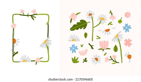 Handgezeichnete, abstrakte Vektorgrafik-Set mit Clip-Art-Illustration von Zierrahmen mit Blumen, Kamille und Blättern in einfachem Stil für das Branding isoliert.Modernes magisches Naturdesign.Magisches Gartenlogo.