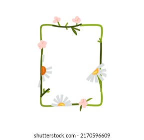 Hand drawn vector abstract graphic illustration with clipart illustration of ornament leaves frame with flowers, chamomile and leaves in simple style for branding isolated.Modern magic nature design.