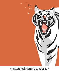 Hand drawn vector abstract graphic cartoon illustration with beauty cute celestial trendy wildlife white,cute moon tiger,moon and stars isolated on color background.Magic Boho clipart elements.