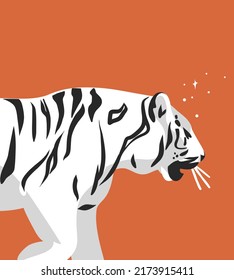 Hand drawn vector abstract graphic cartoon illustration with beauty cute celestial trendy wildlife white,cute moon tiger,moon and stars isolated on color background.Magic Boho clipart elements.