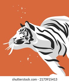 Hand drawn vector abstract graphic cartoon illustration with beauty cute celestial trendy wildlife white,cute moon tiger,moon and stars isolated on color background.Magic Boho clipart elements.
