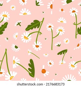 Hand drawn vector abstract graphic clipart illustrations seamless pattern of composition with abstract boho shapes of blossom flower,leaves and chamomile.Modern magic nature design.Botanical garden.