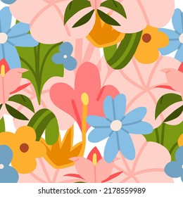 Hand drawn vector abstract graphic clipart illustrations seamless pattern of composition with abstract boho shapes of blossom flower,leaves and chamomile.Modern magic nature design.Botanical garden.